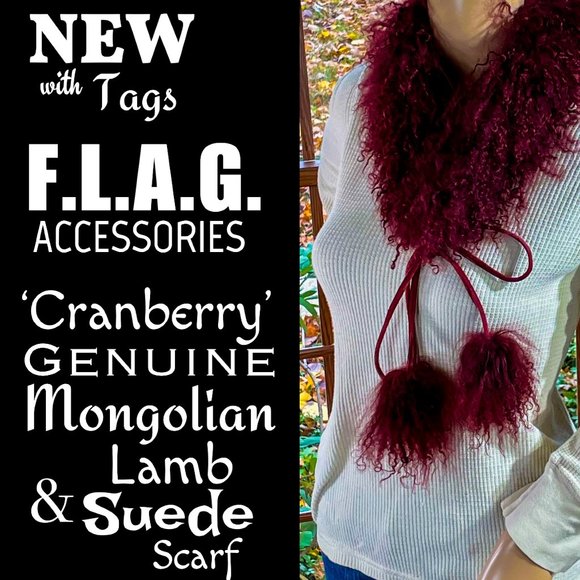 ▪️NWT▪️F.L.A.G. ACCESSORIES▪️Cranberry Genuine Mongolian Lamb & Suede Scarf - Picture 1 of 8